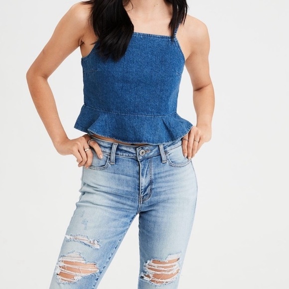 American Eagle Outfitters Tops - American Eagle denim peplum spaghetti strap crop top size medium